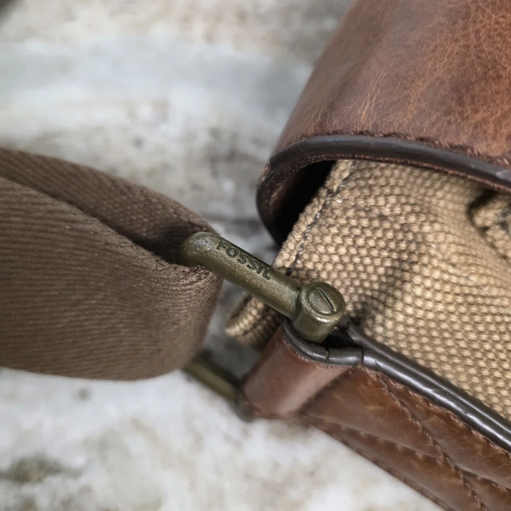 Fossil Brown Leather and Tan Canvas Messenger Bag